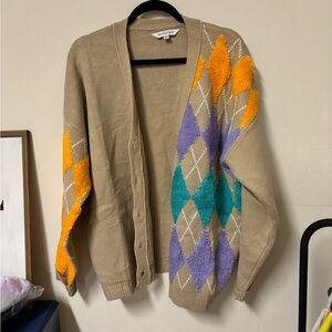 DAVI & DANI Tan Cardigan with Colorful Argyle Accents
